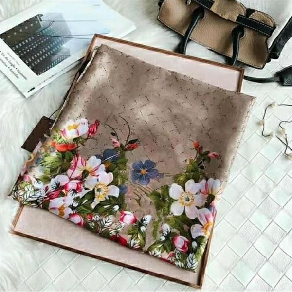

2021 nice quality classic floral 100% silk scarf for women new spring design flower style long scarves scarfs wrap with tag 180x90269c, Blue;gray