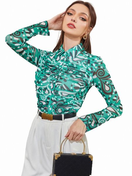 

women's t-shirt & tees allover print ruched mesh without bra q7yz#, White
