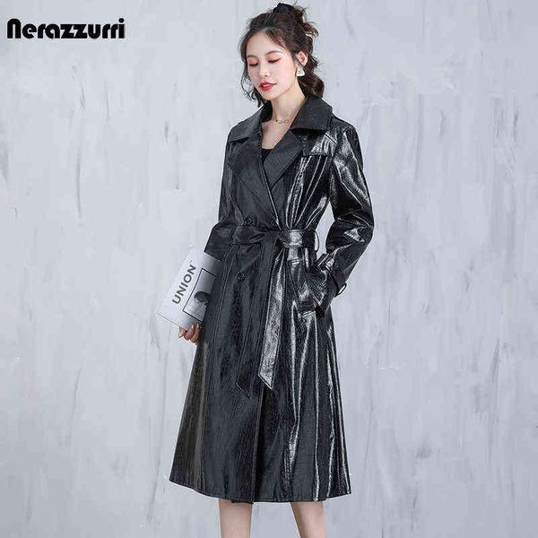 

nerazzurri autumn long waterproof shiny reflective crocodile pattern leather trench coat for women belt european fashion 2021 t220810, Black