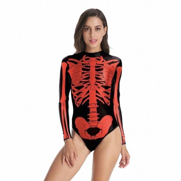 

theme costume terror halloween red skeleton print bodysuit for women horror bone long sleeves spandex scary party club lady girls s9ie#, Black;red