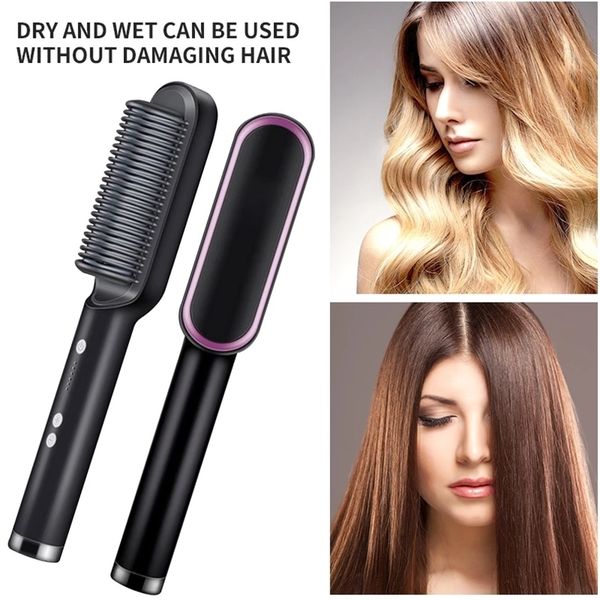 

professional hair straightener curler brush ceramic electric straighten beard brush fast heating curler straightener comb styler 220819, Black