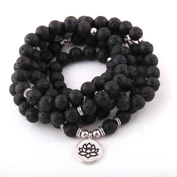 

bracelet bangle designer jewelry fashion 108 lava beads with stone lotus om buddha charm yoga bracelets & necklace, Black