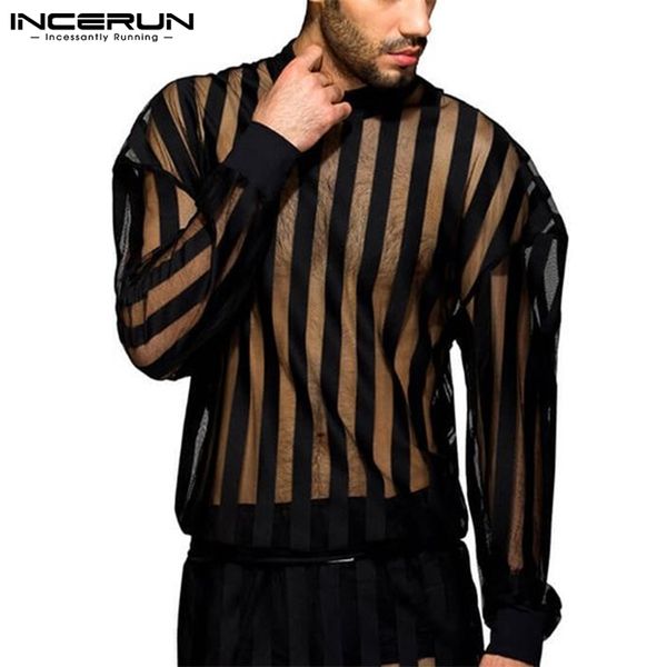

incerun men striped t shirt mesh see through o neck long sleeve party nightclub tee streetwear casual camisetas 7 220819, White;black