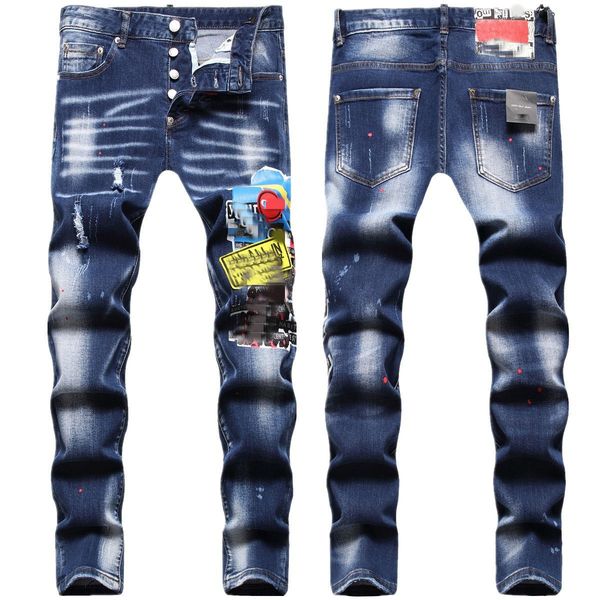 

fashion classic mens jeans denim pants street clothing apparel zipper chain decoration ripped stretch slim washed motocycle mm01hf43jeans, Blue