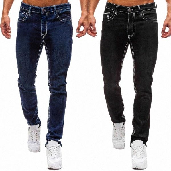 

men's jeans basic men full length regular dark blue black denim trousers casual mens homme streetwear male straight pants d301 r59k#