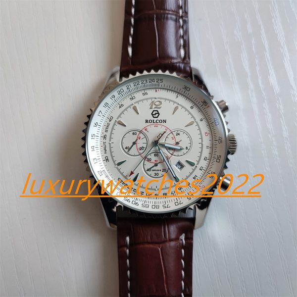 

super quality mens watch 44mm white dial quartz movement ref.ab013112 stainless steel genuine brown leather wristwatch original box, Slivery;brown