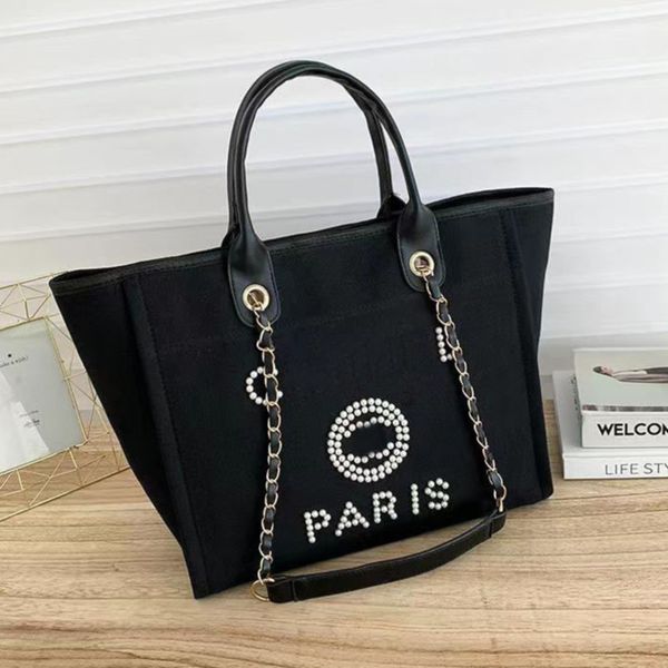 

luxury fashion women's evening bags brand ch handbags pearl tote canvas beach bag designers female portable shoulder large capacity big, Black;red