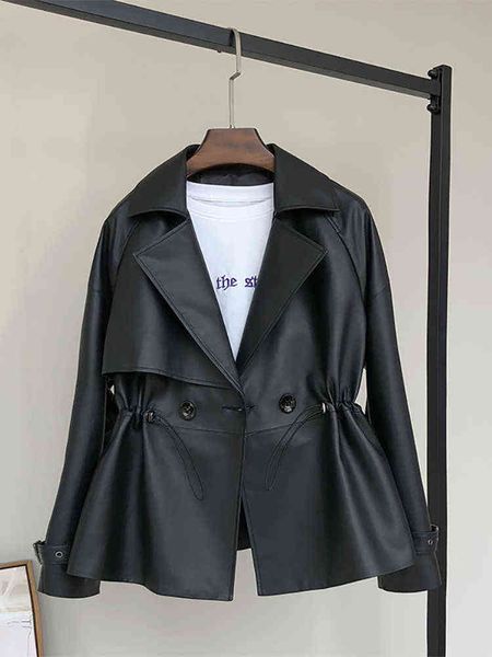 

nerazzurri spring black short soft faux leather trench coat for women raglan sleeve drawstring lapel double breasted fashion t220810