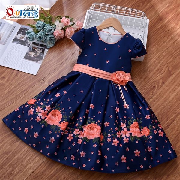 

outong 5 to 9 year old girl floral dress short sleeve flower print dresses for children birthday cotton soft kids clothes girls 220311, Red;yellow