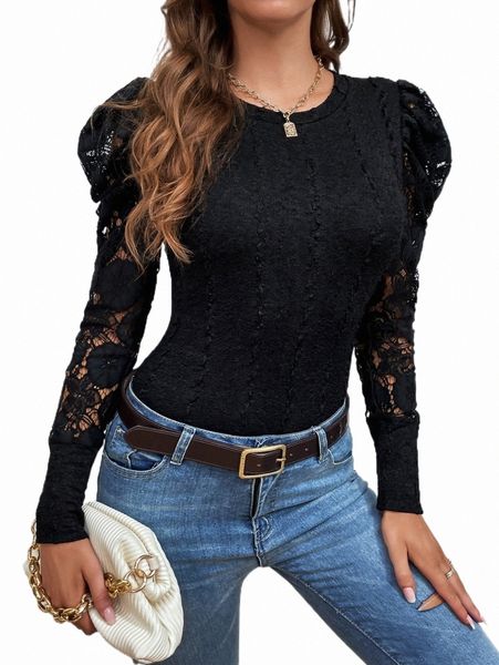 

women's t-shirt lace insert gigot sleeve clothing c9v9#, White