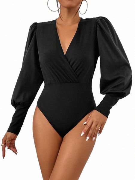 

women's t-shirt surplice neck ruched lantern sleeve bodysuit w0ld#, White