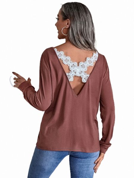 

contrast lace criss cross back tee c6vi#, White