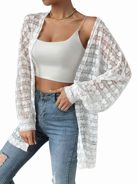 

drop shoulder open front sheer lace coat g3tk#, Black