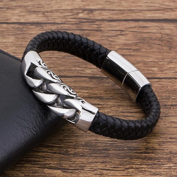 

charm genuine leather black strands stainless steel magnetic hk bracelet men birthday for boy friend