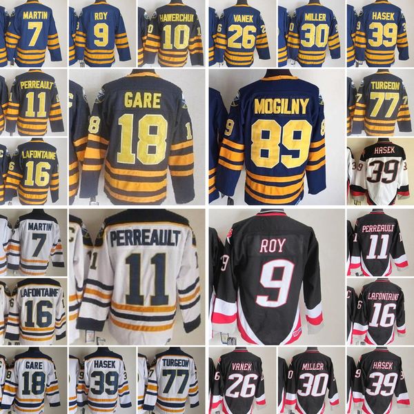 

vintage ice hockey jerseys 7 rick roy martin hawerchuk perreault lafontaine gare vanek miller hasek turgeon jersey23 24, Black;red