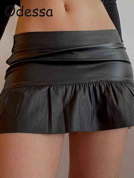 

odessa ultra mini women's low waist faux leather micro skirts e-girl aesthetics a-line black skorts cute streetwear bottoms t220819
