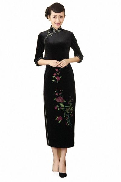 

shanghai story china style cheongsam dress women fashion autumn floral embroidery dress velvet qipao 3 style j4yp#, Red