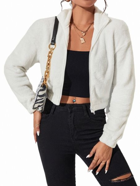 

women's jackets petite zip up drop shoulder crop teddy jacket e6fa#, Black;brown