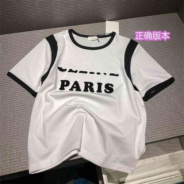 

75% off factory direct online paris color blocking shoulder t-shirt 2022ss new women's short sleeve fashion simple cotton bwjq, White