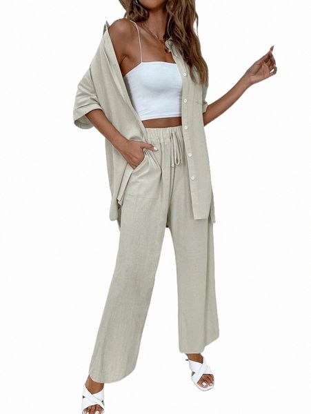 

two piece dress solid drop shoulder shirt & wide leg pants p6vy#, White