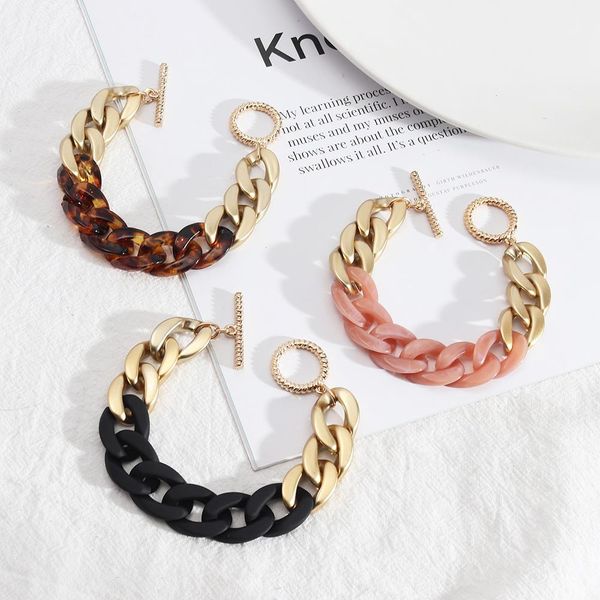 

vintage metal resin strands splice thick chain link round cuban bracelet punk trendy twist lock wristband bracelets friends hand jewelry, Black