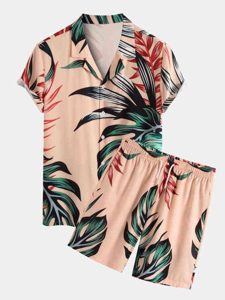 

kaus hawaii pria pakaian pendek cetak kaus daun kura-kura kasual musim panas celana pendek pantai setelan dua potong 2022 set pria mode baru, Gray