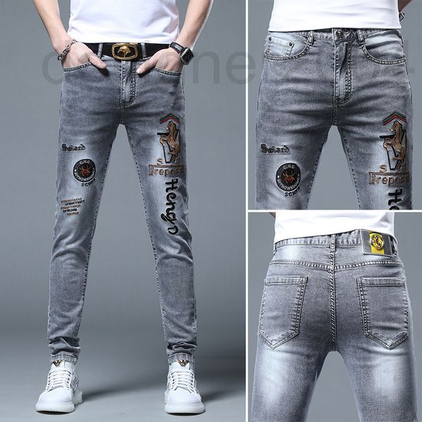 

men's jeans designer thin embroidered jeans men's 2022 summer european fashion brand personalized versatile elastic casual slim fi, Blue