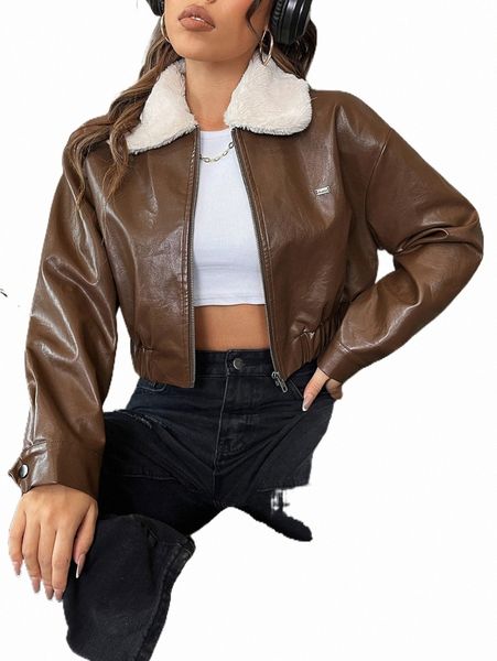 

borg collar drop shoulder pu leather jacket 63by#, Black;brown