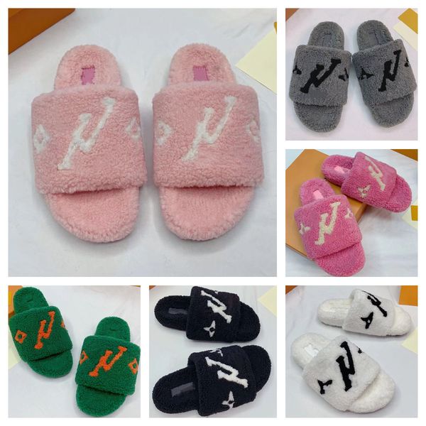 

2022 new women furry slippers fluffy faux slippers luxury brand designer shoes warm indoor flip flops fashion anti-slip female size 35-42, Black