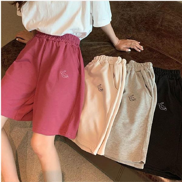 

shorts women summer loose solid embroidery bf wide-leg knee-length harajuku casual simple high elastic waist clothing, White;black
