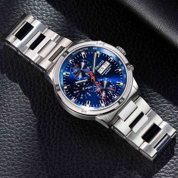 

oblvlo brand men dress automatic watch mechanical stainless steel strap sapphire year month week calendar 24-hour display cm2, Slivery;brown