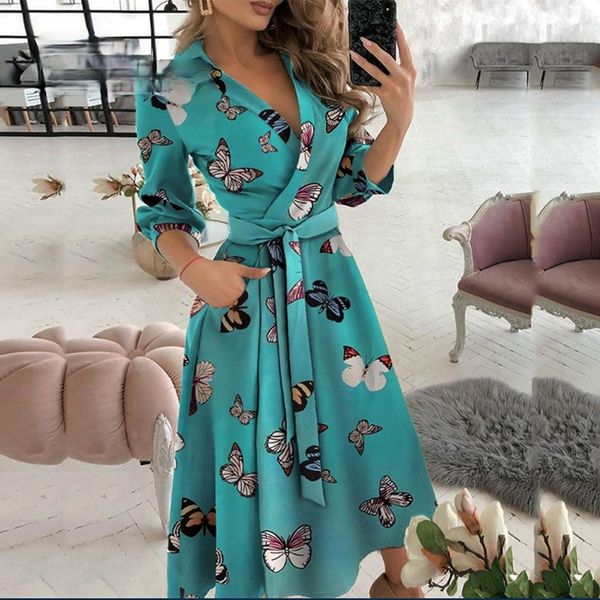 

temperament v neck print lapel tie shirt long sleeve dress 220819, Black;gray