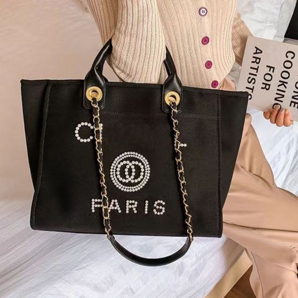 

women's classic luxury evening bags brand ch handbags pearl tote canvas beach bag designers female portable shoulder large capacity big, Black;red
