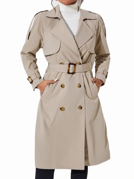 

petite epaulettes design double breasted belted trench coat a6p2#, Tan;black