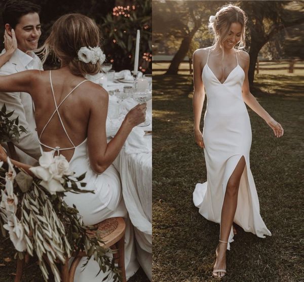

beach wedding dresses mermaid boho bride dress spaghetti straps slit backless simple bohemian bridal gowns vestido de noiva, White