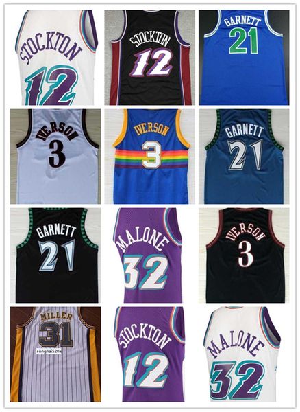 

vintage allen 3 iverson jersey kevin 21 garnett basketball jerseys john 12 stockton karl reggie malone miller stitched red, Black;red