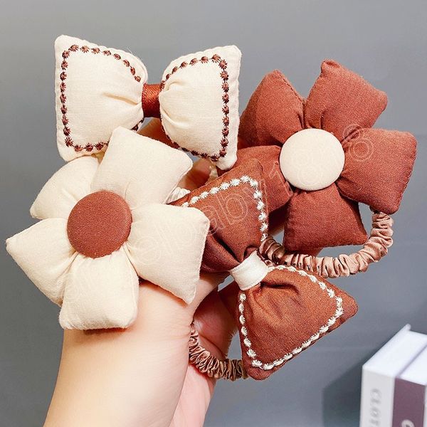 

girls cute big flower bow elastic hair bands lovely hair tie rubber headband fashion hair accessories, Slivery;white