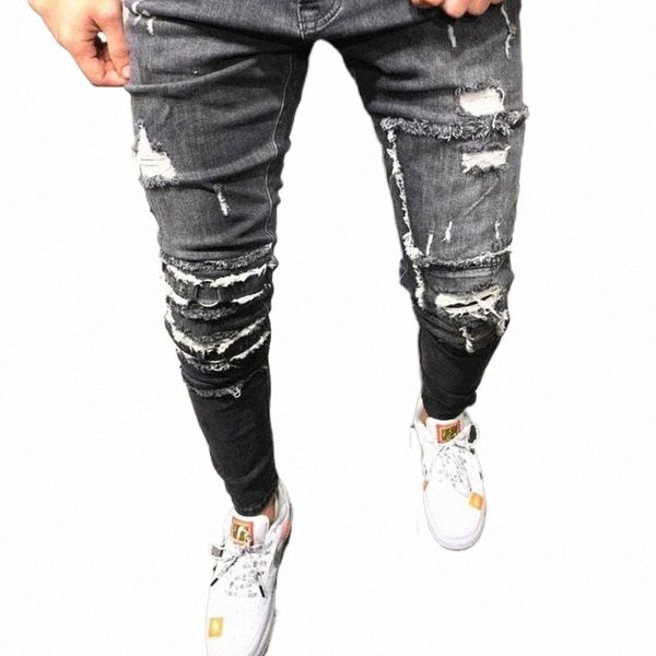

men's jeans men women elastic waist broken hole shredded slim pencil pants x56c#, Blue