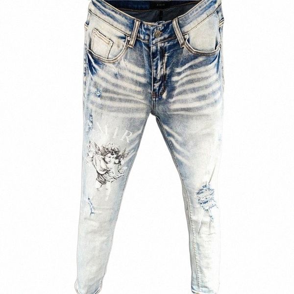 

men's jeans summer graphic mens stretch skinny high street stacked men hombre quality angel print hip hop jeansmen's y1gc#, Blue
