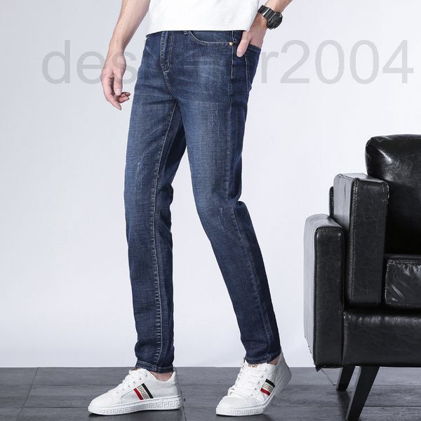 

men's jeans designer high end light luxury business jeans men's cotton elastic korean slim straight tube middle waist thin pants z, Blue