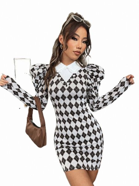 

argyle print gigot sleeve bodycon dress b0b5#, Black;gray