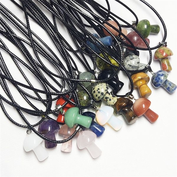 

carved gemstones mushroom pendant charms black rope chain women healing crystals figurine pendant necklace jewelry, Silver