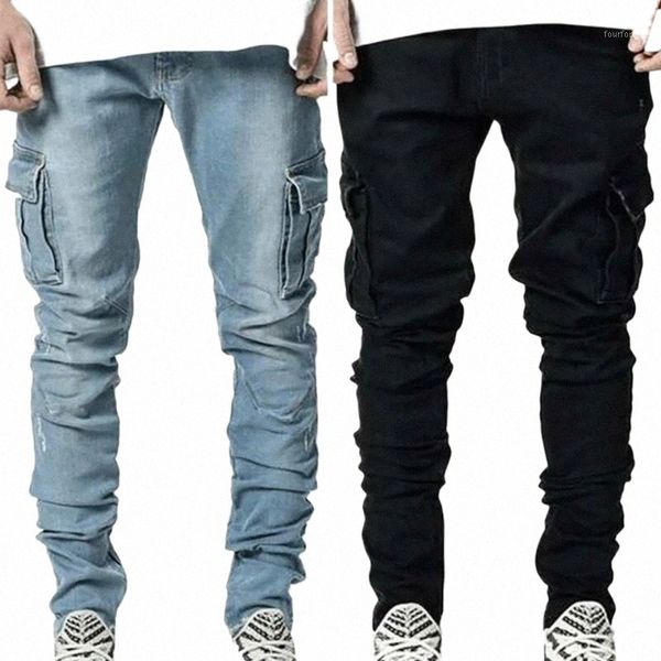 

men's jeans casual slim fit stretch denim pants skinny designer trousers men streetwear black c9us#, Blue