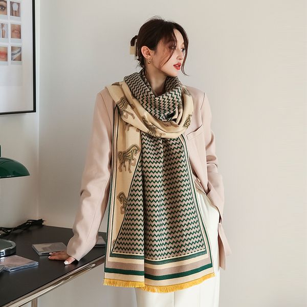 

designer silk scarf retro winter imitation cashmere luxury scarves horse warm scarf medium length shawl blanket, Blue;gray
