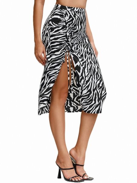

zebra striped drawstring side split thigh skirt a25h#, Black