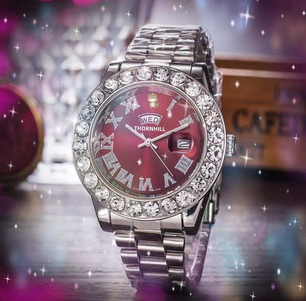 

full diamonds-studded men time week day-date watches 43mm fashion luxury shinning quartz watch soid fine stainless steel wristwatches orolog, Slivery;brown