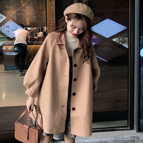 

autumn winter classic women overcoats casual lapel singlebreasted loose wool coats vintage long sleeve chic female outwear 220819, Black