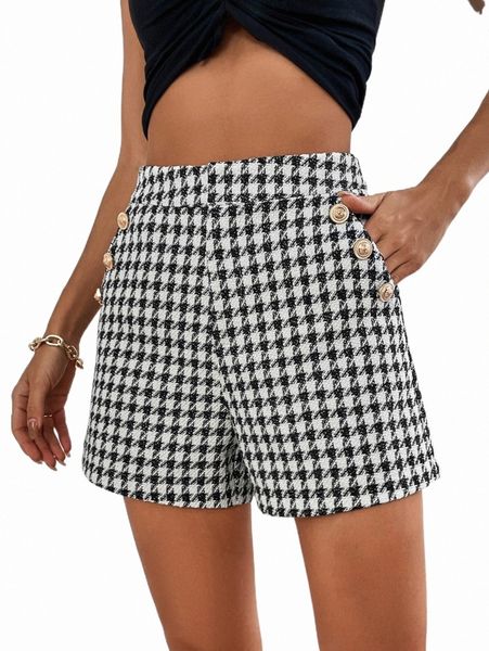 

houndstooth print slant pocket shorts i0o5#, White;black