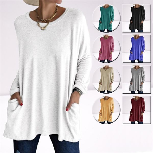 

solid color vintage pocket oversized t-shirt female clothing fashion autumn tunic basic y2k women long sleeve t shirt 220318, White