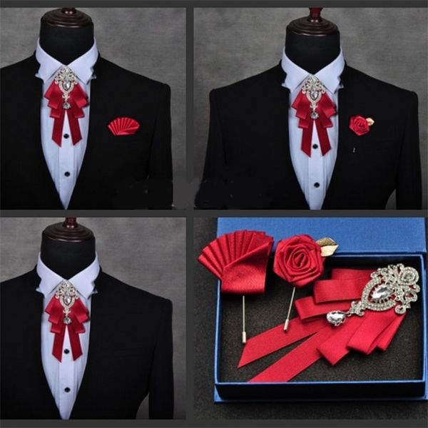 

highquality fashion handmade red diamond bow tie wedding collar bowtie brooch pocket towel square set gifts for men accessories 220819, Black;blue
